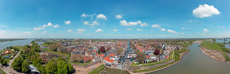 Aerial panorama from the city Gorinchem at the river Merwede  in the Netherlands