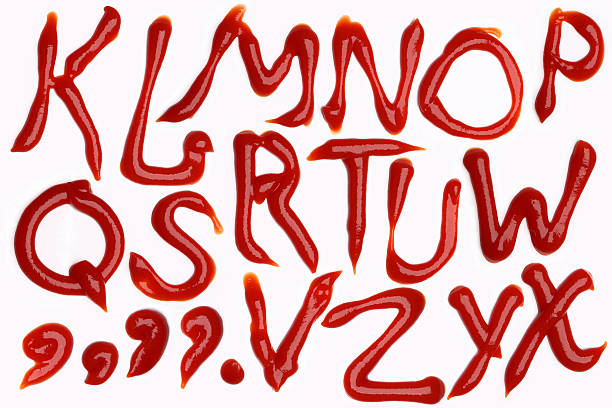 tomato ketchup alphabet K-L-M-N-O-P-Q-R-S-T-U-V-W-X-Y-Z  alphabet letters made with tomato ketchup sauce on white background (isolated on white).  Make your own words in ketchup. pics of a letter t in cursive stock pictures, royalty-free photos & images