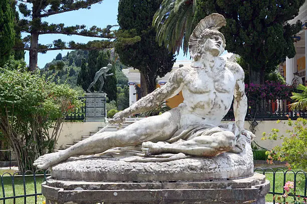 "Sculpture of the wounded Achilles in garden of Achilleon palace on Corfu island, Greece"