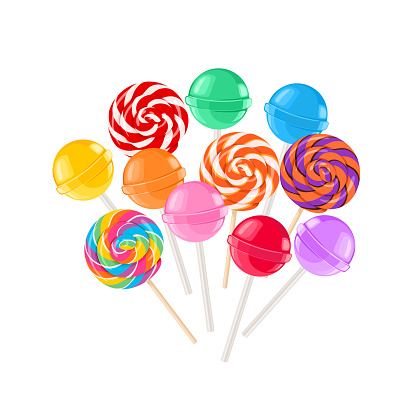 Heap of colorful lollipops on stick. Bright sweet candy isolated on white. Vector cartoon flat illustration.