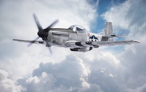 World War 2 P-51 Mustang fighter plane flying among clouds "World War 2 era P-51 Mustang fighter plane flying among clouds. (This is a detailed, very accurate model, not a real P-51)Others you may like:" p51 mustang stock pictures, royalty-free photos & images
