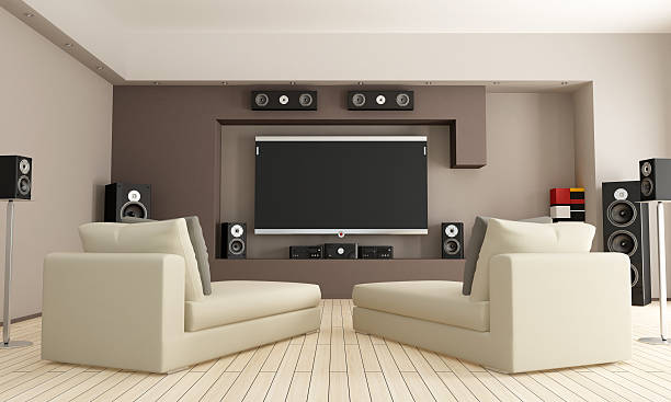 heimkino zimmer mit zwei lounge-stühlen - arts or entertainment audio stock-fotos und bilder