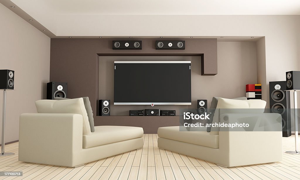 Sala de cinema em casa, com duas espreguiçadeiras - Foto de stock de Sistema de Entretenimento royalty-free