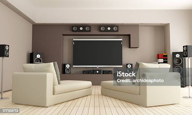 Foto de Sala De Cinema Em Casa Com Duas Espreguiçadeiras e mais fotos de stock de Sistema de Entretenimento - Sistema de Entretenimento, Barulho, Interior de casa