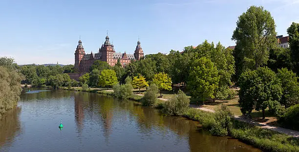 A wide, high resolution panorama of the River Main and Schloss Johannisburg in the Bavarian city of Aschaffenburg.