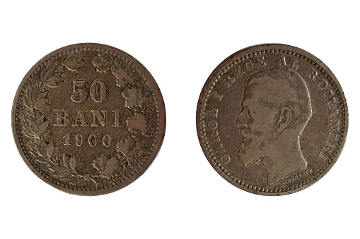 50 Bani 1900 Carol I. Coin of  Romania. Obverse Bearded bust facing left. Reverse 3-line inscription within laurel and oak wreath with date and denomination