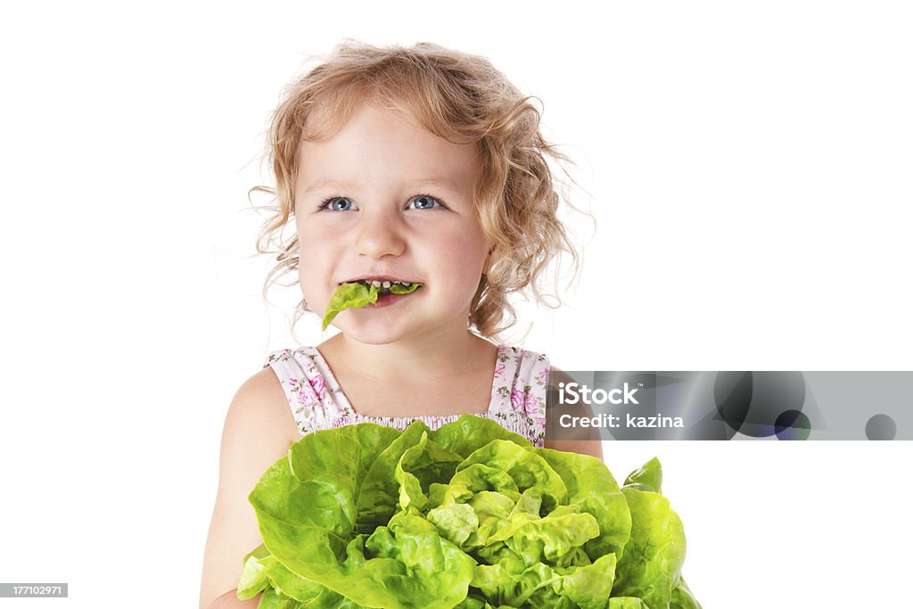 Baby Girl with lettuce Little (3 years old ) girl with lettuce isolated on white 2-3 Years Stock Photo