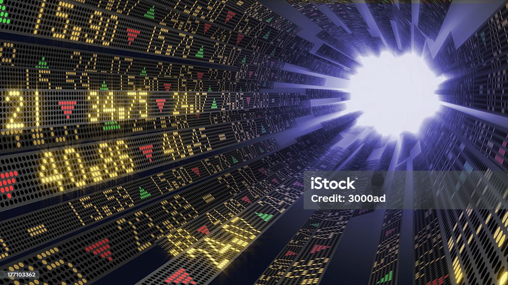 Stock market tickers Sliding stock market tickers on trading boards making a tunnel toward a light Business Stock Photo