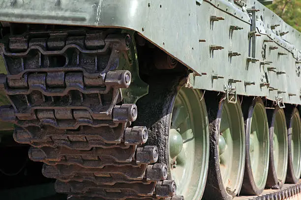 Heavy tank track close-up. Hirizontal composition.