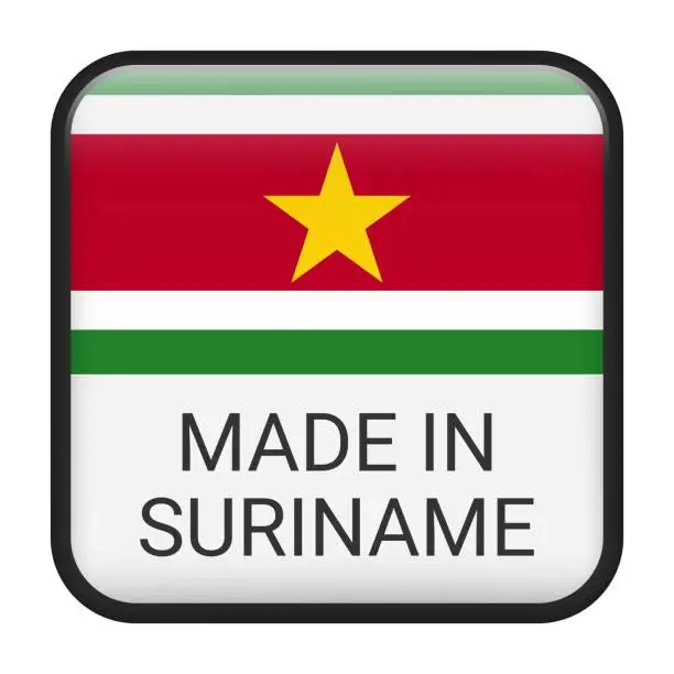 Vector illustration of Made in Suriname badge vector. Sticker with stars and national flag. Sign isolated on white background.