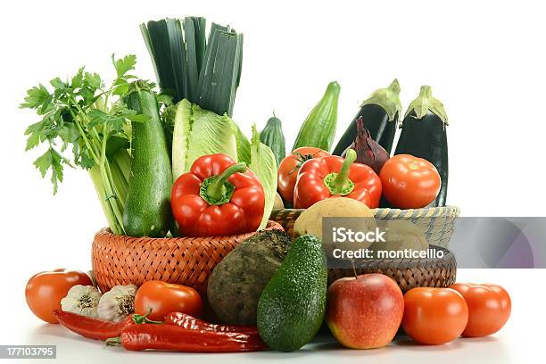 Composition With Raw Vegetables In Baskets Stock Photo - Download Image Now - Antioxidant, Avocado, Cabbage
