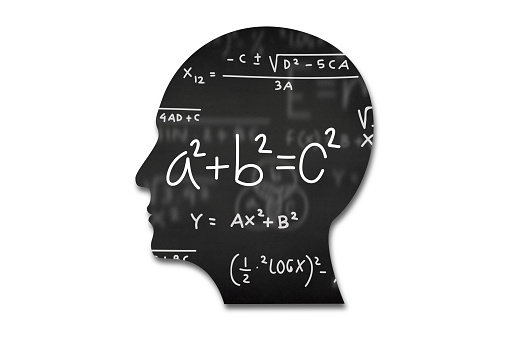 Human head with mathematical seamless pattern on white background
