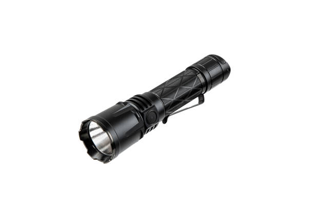 modern metal led flashlight in black color. portable flashlight isolate on a white background. - military airplane flash imagens e fotografias de stock