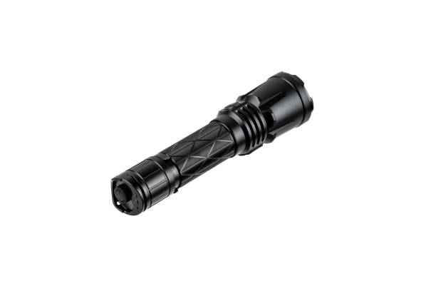 istock Modern metal LED flashlight in black color. Portable flashlight isolate on a white background. 1771044208