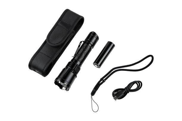 modern metal led flashlight in black color. portable flashlight isolate on a white background. - military airplane flash imagens e fotografias de stock