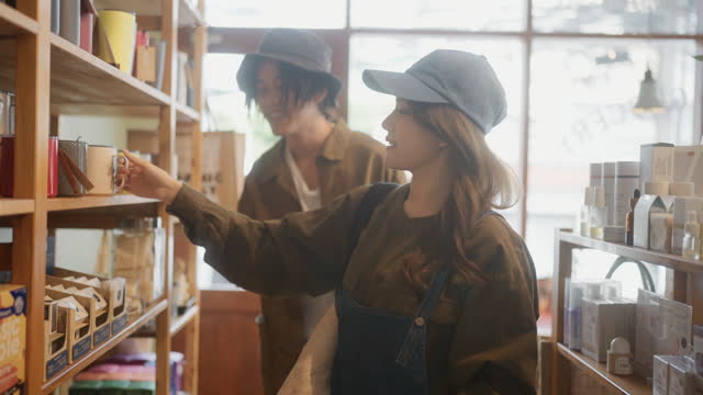Young asian couple shopping at small store for looking at products on sale.