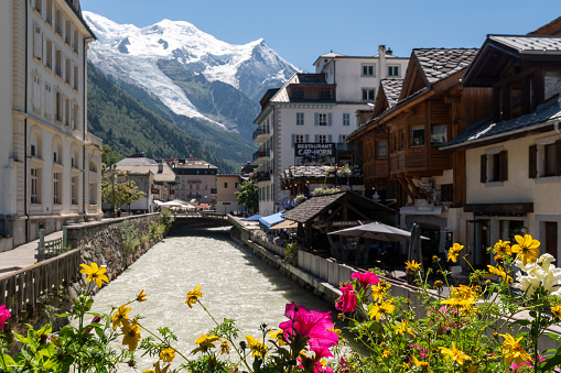 Chamonix, Haute Savoie, Auvergne Rhone Alpes, France - 07 26 2023: The Arve River is an alpine river that rises from the Mont Blanc massif and flows into the Rhône in Switzerland, very suitable for rafting.