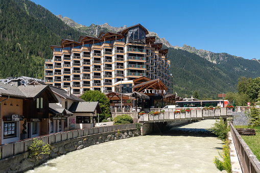 Chamonix, Haute Savoie, Auvergne Rhone Alpes, France - 07 27 2023: The Arve River is an alpine river that rises from the Mont Blanc massif and flows into the Rhône in Switzerland, very suitable for rafting.
