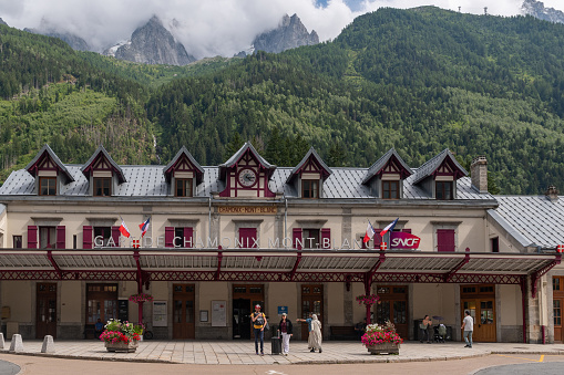Chamonix, Haute Savoie, Auvergne Rhone Alpes, France - 07 27 2023: Situated to the north of Mont Blanc, between the peaks of the Aiguilles Rouges and the notable Aiguille du Midi, Chamonix is one of the oldest ski resorts in France.