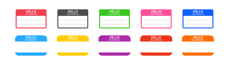 Hello my name is, sticker label set. Meeting, introduction, vector flat colored illustration, EPS 10.