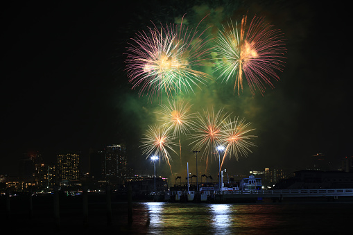 Fireworks above the lake in Yas Bay for 50th Golden Jubilee UAE National Day celebrations in Abu Dhabi. High quality photo.