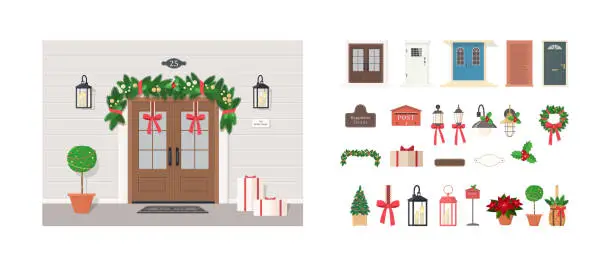 Vector illustration of Set of elements for decorating double front door. Exterior concept for house