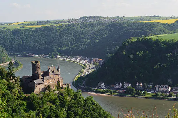 Castle Katz and the river Rhine in Germany.