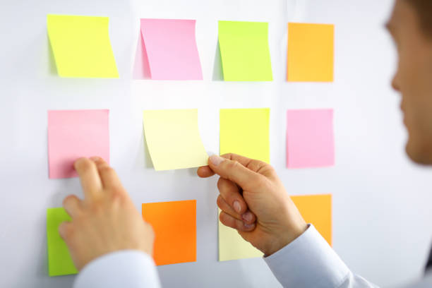 istock Male manager glues small notes on the wall 1771057534