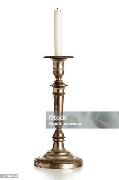 Antique Silver Candlestick Stock Photo - Download Image Now - Candlestick Holder, Candle, White Background