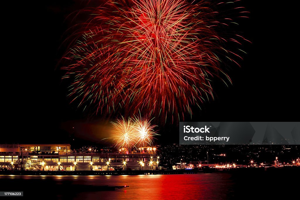 Red Green Fireworks Vancouver Harbor British Columbia Bay of Water Stock Photo