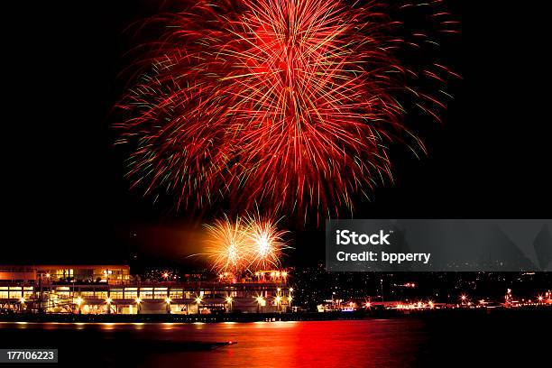 Red Green Fireworks Vancouver Harbor British Columbia Stock Photo - Download Image Now