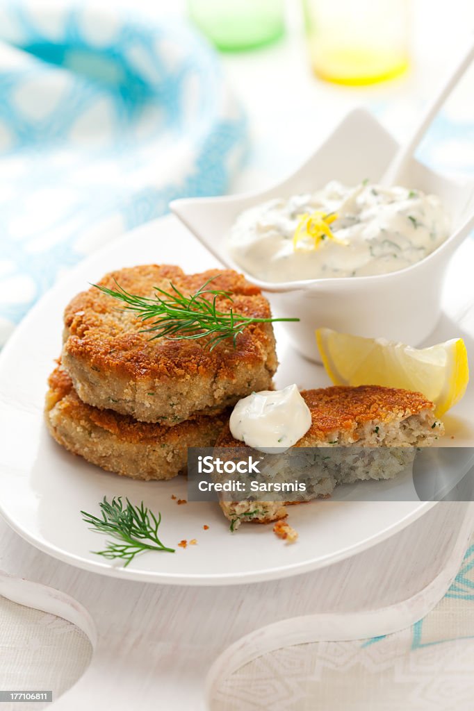 Cod Fish Cakes Cod Fish Cakes with sauce Appetizer Stock Photo