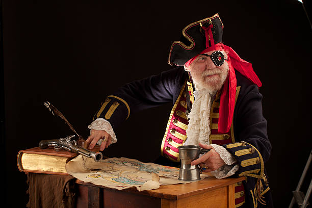istock Colorful old pirate captain with pewter mug and treasure map 177107282