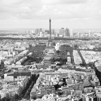Paris, France - September 30, 2018: Viewing Eiffel tower with overcast sky in black and white.