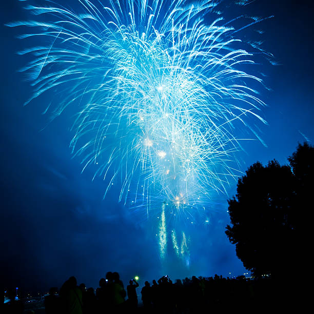 Big fireworks with silhouettes of people watching it