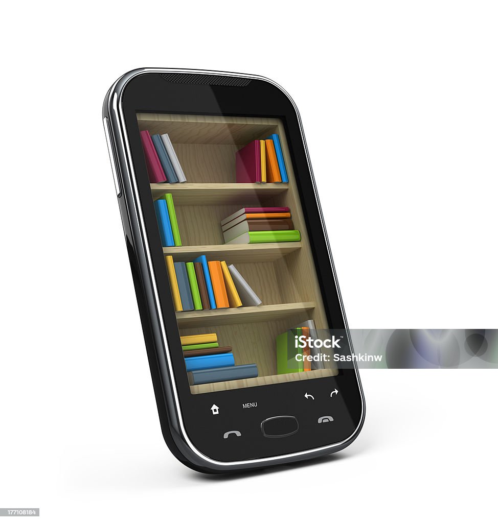 Smartphone avec bibliothèque - Photo de Bibliothèque libre de droits