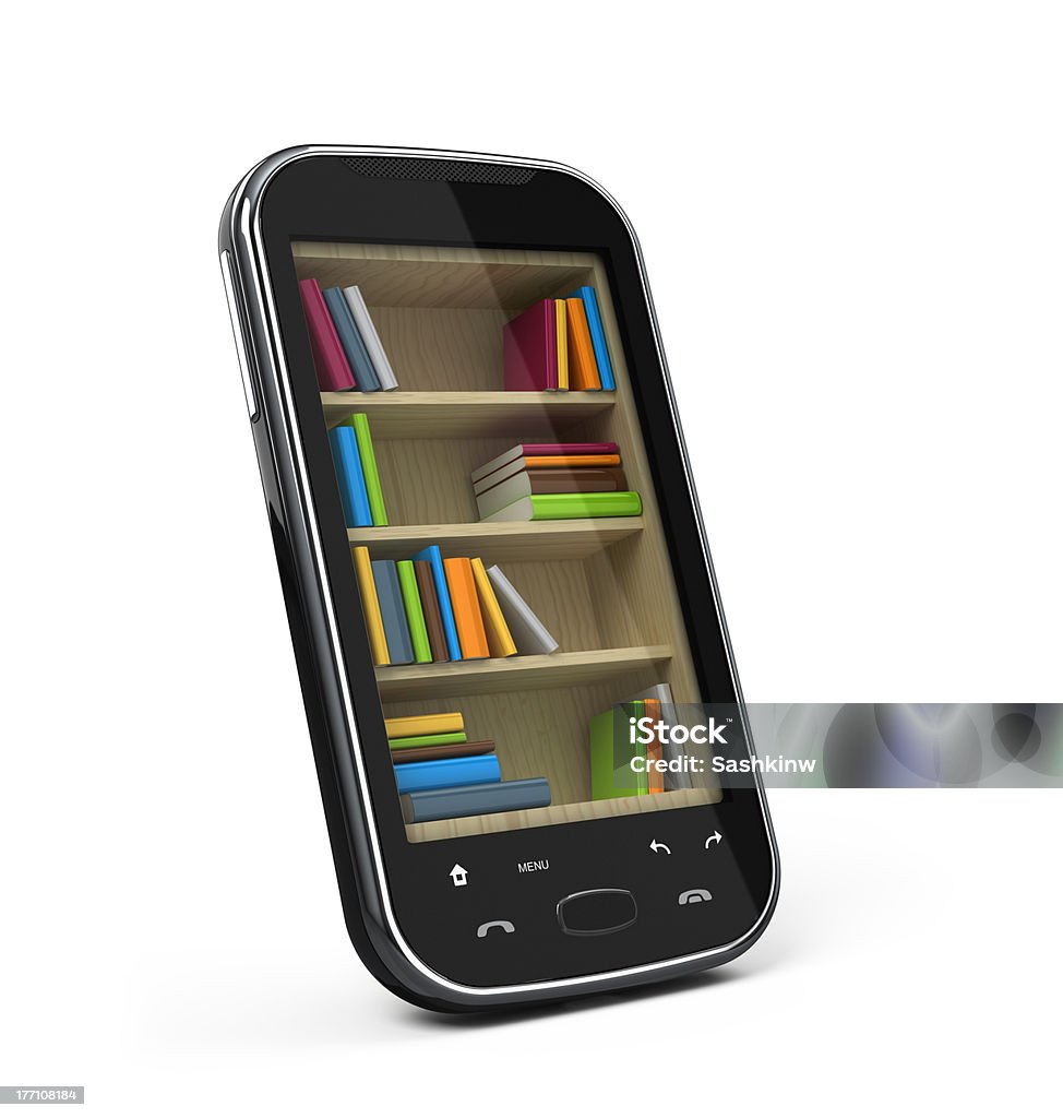 Smartphone con la libreria - Foto stock royalty-free di Biblioteca