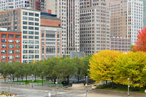 Daytime view of 19th and 20th century skyscrapers that line Michigan Avenue - part of the Historic Michigan Boulevard District located opposite Grant Park.
