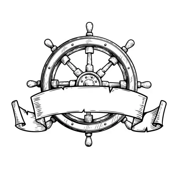 Vector illustration of Wooden steering wheel with ribbon. Hand drawn ship helm sketch. Sea adventure, cruise and pirate drawing. Vector illustration