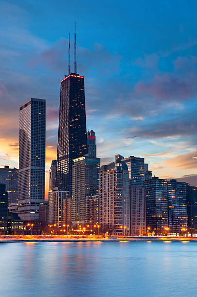 istock Chicago skyline at dusk with blue water 177109108