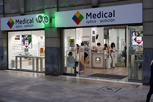 Bilbao, Spain, October 16, 2023 - The Medical Óptica Audición eyewear store on Calle Ercilla in Bilbao, Basque Country, Spain.