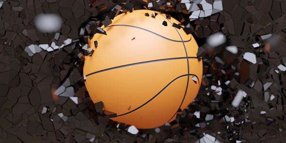 Basketball orange color ball breaks with great force a black wall background texture. Sport concept. Wallpaper. 3d render