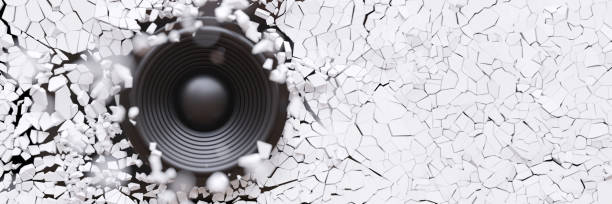 Loudspeaker breaks a white wall background, Powerful stereo sound, loud volume 3d render
