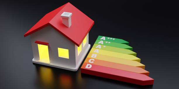 istock Energy Efficiency Label Classification, illuminated house on black background. Above view. 3d render 1771094136