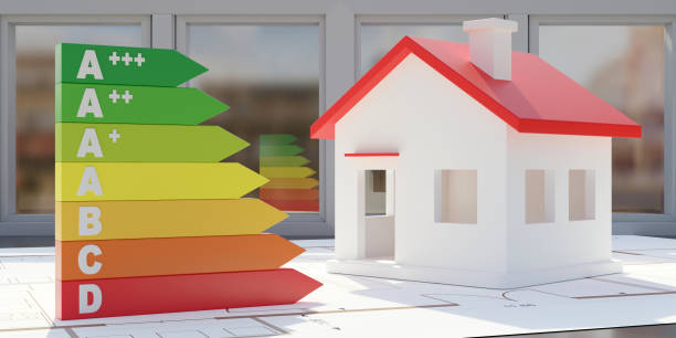 istock Energy Efficiency Label, small house on blueprint drawing on energy glass background. 3d render 1771094650