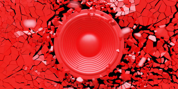 Loudspeaker breaks a red wall background, Powerful stereo sound, loud volume. 3d render