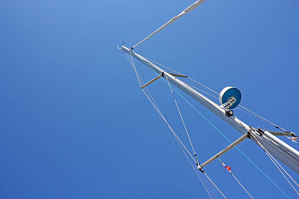 Top of the mast of a sailboat against blue sky
