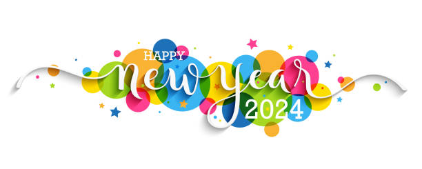 HAPPY NEW YEAR 2024 colorful brush calligraphy banner HAPPY NEW YEAR 2024 white vector brush calligraphy banner with colorful circles on white background new year party stock illustrations