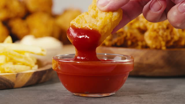 Man eating Fast food delivery meals chicken nuggets with sweet chilli sauce tomato ketchup, and fried chicken french fries, on wooden table ready to takeaway. Fat American cuisine.