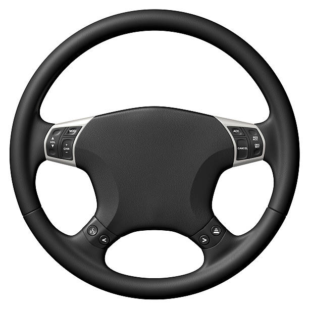 Close up of black and silver steering wheel stock photo
